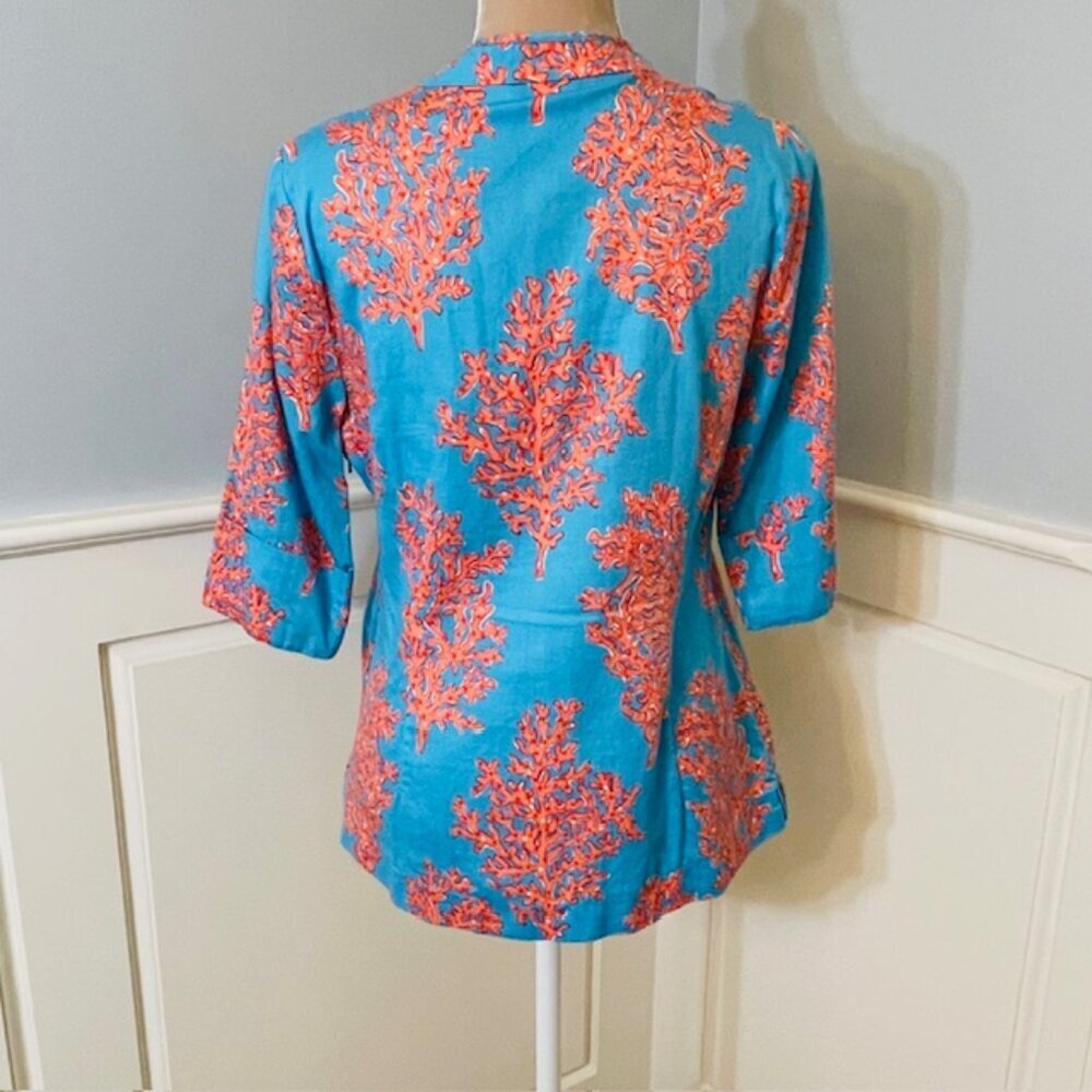 Lilly Pulitzer 100% Cotton Top Blouse Resortwear Turquoise Coral Siesta Medium - Picture 5 of 9